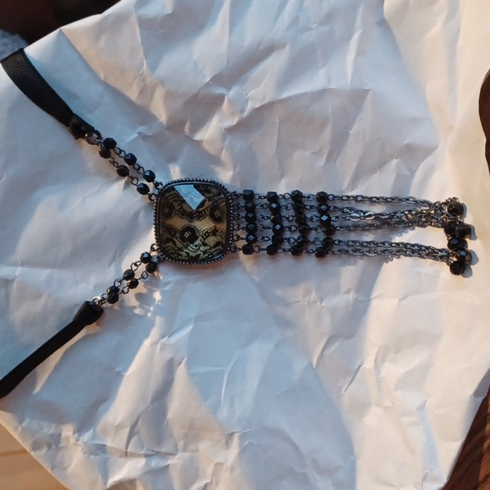 1928 Necklace Black And Yellow Rhinestones Dark Silver Tone Lace Design 30$